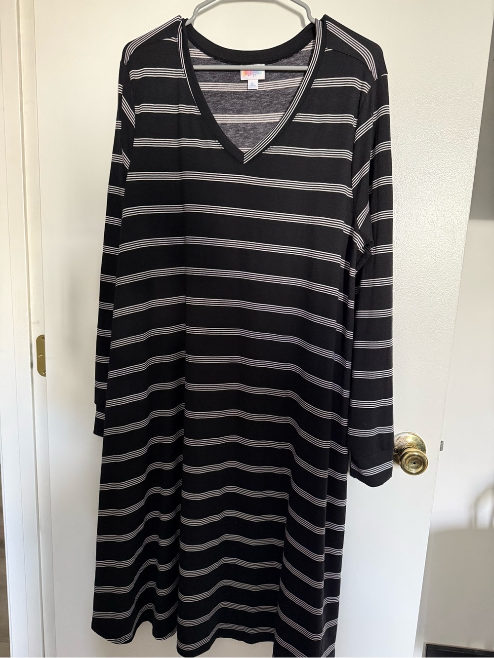 LuLaRoe Black and White Striped V-Neck Long Sleeve Dress